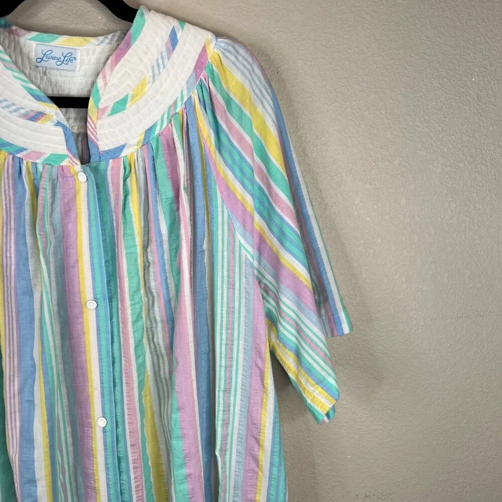 Vintage Leisure Life Striped Cotton‎ Blend House Dress Pockets  MuMu Large XL